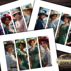 May include: Digital art print featuring portraits of women in vintage attire, each wearing a stylish hat adorned with flowers or ribbons. The women are dressed in various colors, including purple, green, and blue, with a background of a garden setting.