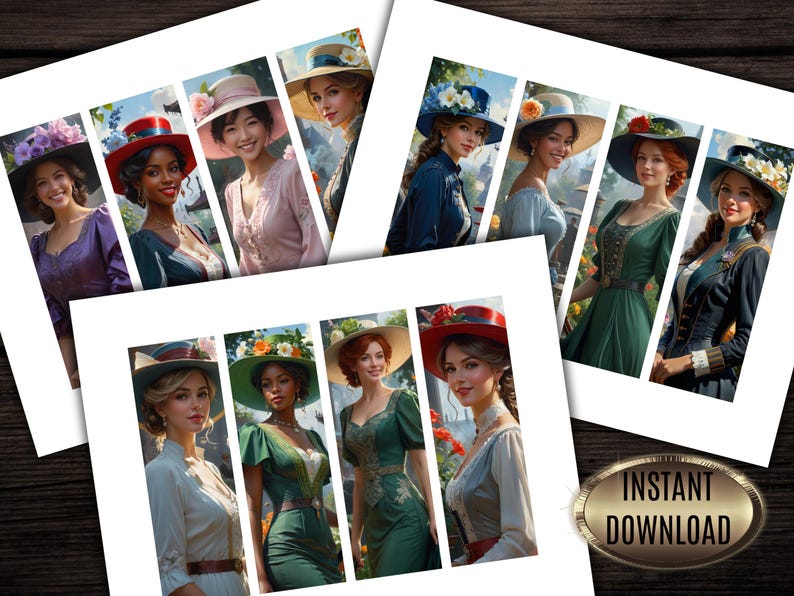 May include: Digital art print featuring portraits of women in vintage attire, each wearing a stylish hat adorned with flowers or ribbons. The women are dressed in various colors, including purple, green, and blue, with a background of a garden setting.