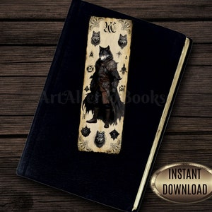 May include: A printable bookmark featuring a black wolf character in a dark cloak with a wolf head mask. The character is standing in front of a parchment background with a wolf head and other symbols. The bookmark is titled "The Wolf".
