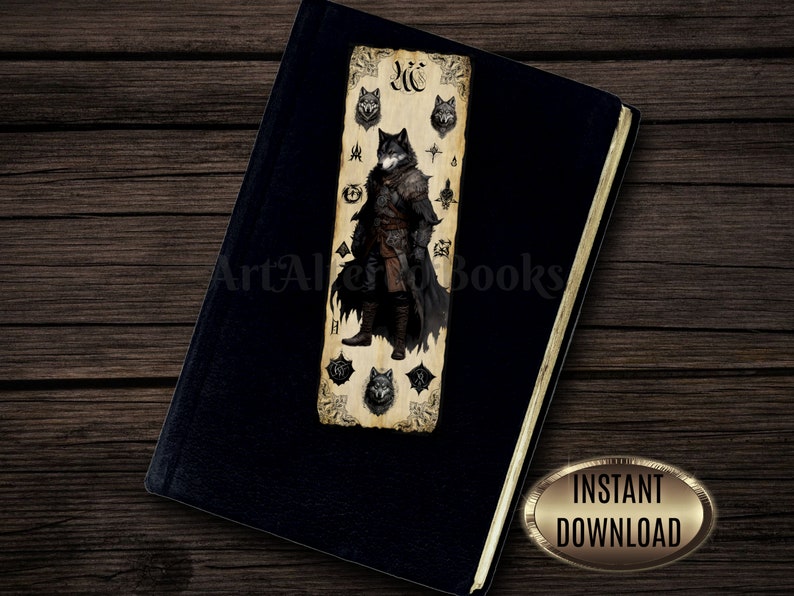 May include: A printable bookmark featuring a black wolf character in a dark cloak with a wolf head mask. The character is standing in front of a parchment background with a wolf head and other symbols. The bookmark is titled "The Wolf".