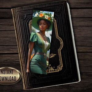 May include: An illustration of a woman in a green dress and hat, set within a vintage book. The book is black with gold accents and a keyhole design. The image has an "INSTANT DOWNLOAD" label.