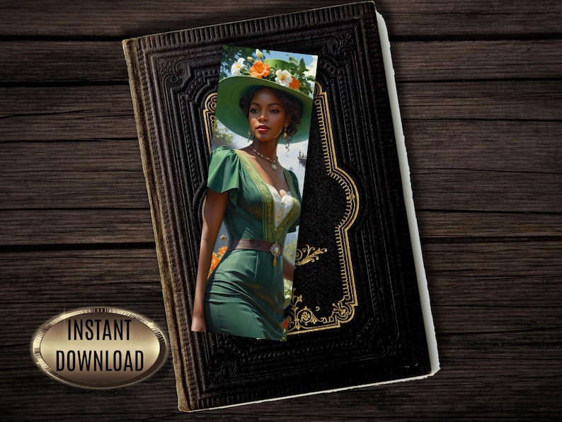 May include: An illustration of a woman in a green dress and hat, set within a vintage book. The book is black with gold accents and a keyhole design. The image has an "INSTANT DOWNLOAD" label.