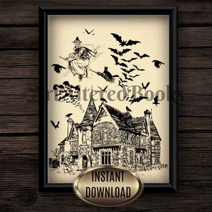 Witch and Black Cat| Halloween Printable Wall Decor in Victorian Style| Halloween Witch Art Print| Instant Download