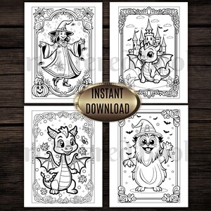 May include: Four black and white coloring pages featuring Halloween-themed illustrations. Images include a witch, a dragon, a furry creature in a witch hat, and a dragon in front of a castle. The words "INSTANT DOWNLOAD" are in a gold oval.