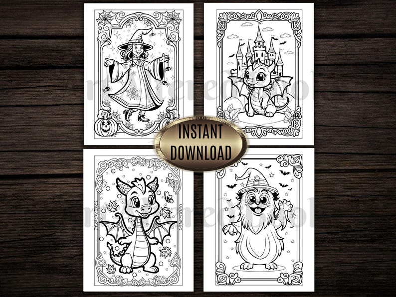 May include: Four black and white coloring pages featuring Halloween-themed illustrations. Images include a witch, a dragon, a furry creature in a witch hat, and a dragon in front of a castle. The words "INSTANT DOWNLOAD" are in a gold oval.