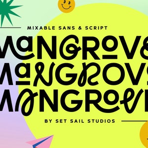 Mangrove Font Duo - Abbinamento di caratteri Sans & Script per loghi, branding, design, packaging, cartoline, Canva, divertente, giocoso, riccio, pazzo, moderno