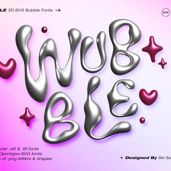 Wubble SVG Font - 3D Bubble Font PNG Letters + Fonts. Cool 2000's Y2K Balloon Metal Liquid Chrome Style for Logos, Social Media, Designs