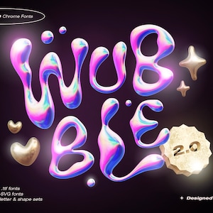 Wubble 2.0 Chrome Font e PNG Letter Set - 3D Chrome Bubble Font Cool Y2K Metallic Holo Gold Liquid para logotipos Canva Designs