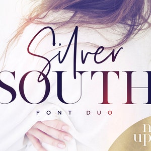 May include: A white background with a woman's hair in the top corner. The text "Silver SOUTH FONT DUO" is in black and white. The text "new update" is in white on a gold background.