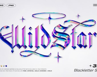 Set di lettere nere 3D Wild Star - Set di lettere olografiche in cristallo cromato olografico in oro rosa gotico cool anni '00 Y2K per loghi Instagram Canva Tees Designs