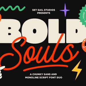 Peut inclure: Graphisme noir avec les mots "BOLD Souls" dans une police chunky sans et monoline script. Le design comprend des illustrations de cœur, d'orange et de sucette, avec le texte "SET SAIL STUDIOS PRESENTS".