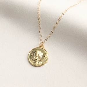 Guardian Angel Necklace, Gold Angel Necklace, Angel Coin Necklace, Angel Medallion Necklace, Guardian Round Necklace Gift
