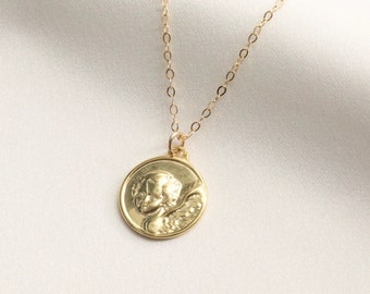 Collar con moneda de ángel de la guarda de oro, medallón de plata de ley