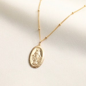 14k Gold Filled Virgin Mary Oval Necklace / Religious Necklace / Miraculous Medal / Catholic Necklace / Protection Necklace / Catholic Gift image 1