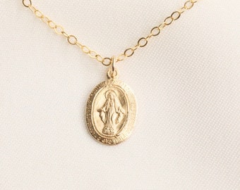 Tiny Virgin Mary Necklace / Religious Necklace / Religious Jewelry / Miraculous Medal /  Catholic Necklace / Virgin Mary /  Medallion