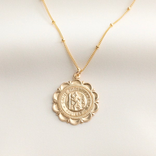 14k Gold Filled Saint Christopher Gold Medallion Pendant Necklace, Traveler's Protection, Coin Necklace, Religious Necklace, Gift For Women