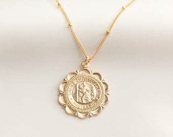 14k Gold Filled Saint Christopher Gold Medallion Pendant Necklace, Traveler&#39;s Protection, Coin Necklace, Religious Necklace, Gift For Women