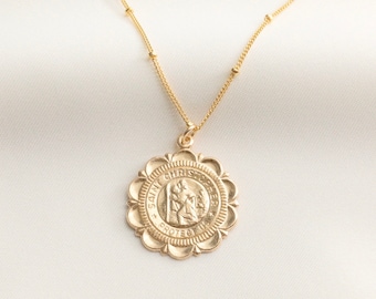 14k Gold Filled Saint Christopher Gold Medallion Pendant Necklace, Traveler's Protection, Coin Necklace, Religious Necklace, Gift For Women