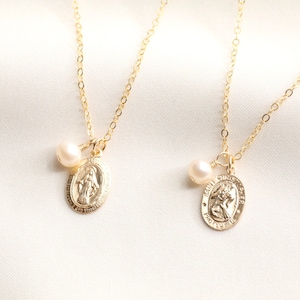 Gold Filled Virgin Mary with Pearl Necklace, Saint Christopher Necklace wit Pearl, Pearl Necklace, Catholic Necklace, Protection Necklace