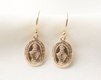 14k Gold Filled Virgin Mary Earrings / Dainty Religious Earrings / Simple Virgin Mary Earrings / Miraculous Earrings / Catholic Gifts