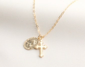 Gold Filled Tiny Saint Christopher with Coptic Cross Necklace / Medallion Necklace / Catholic /  Protect Us Necklace / Traveler's Necklace