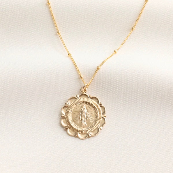 Virgin Mary Floral Necklace / 14k Gold Filled / Medallion Necklace / Necklace for Women / Catholic Jewelry / Protection / Religious Gifts