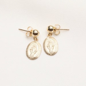 14k Gold Filled Virgin Mary Earrings / Miraculous Earrings / Catholic Jewelry / Gold Coin Jewelry / Catholic Gifts