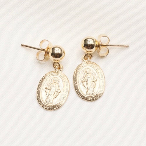 Dainty 14K Gold Filled Oval Virgin Mary Stud Earrings Etsy