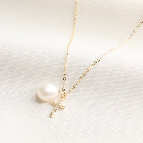 Tiny Cross with Baroque Pearl Necklace / Miraculous Necklace / Pearl / Catholic Necklace / Gold Necklace with Cross / Baptism  / Gold Filled