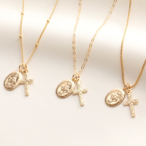 Tiny Virgin Mary With Cross Necklace / Religious Necklace / Gold Necklace with Cross / Catholic  / Virgin Mary / Medallion / 14k Gold Filled