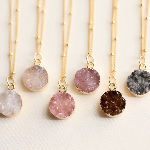 Collier Druzy / Druzy naturel / Collier de pierres précieuses / Chaîne satellite gourmette / Druzy rond / Collier délicat / Cadeau de demoiselles d'honneur