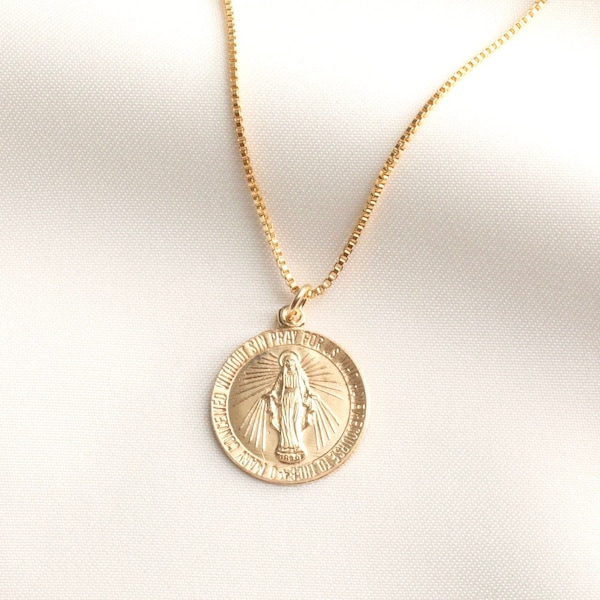 14k Gold Filled Virgin Coin Mary Necklace, Gold Medallion Necklace, Coin Necklace, Layering Necklace, Religious Necklace, Gift For Her