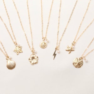 Gold Filled Small Dainty Necklace, Shell Necklace, Swirl Star Necklace, Flower Necklace, Sun, Lightning Bolt, Starfish, Sand Dollar, Pearl