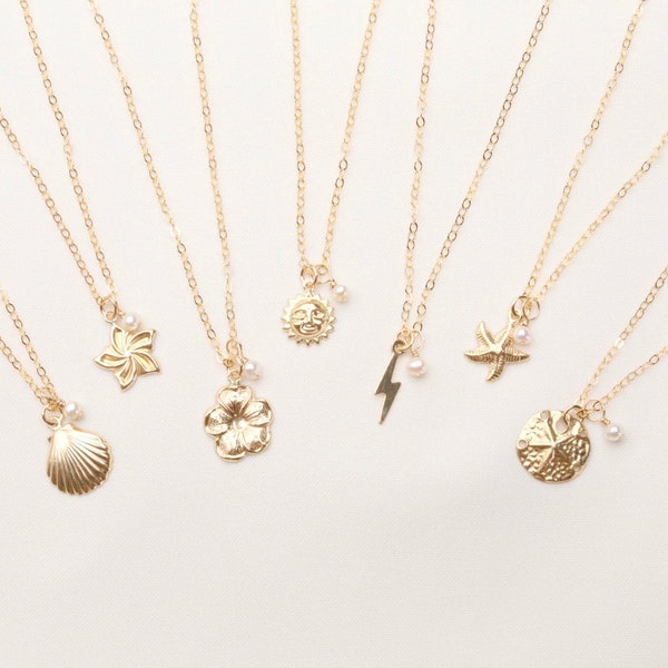 Gold Filled Small Dainty Necklace, Shell Necklace, Swirl Star Necklace, Flower Necklace, Sun, Lightning Bolt, Starfish, Sand Dollar, Pearl