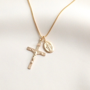 14k Gold Filled Necklace, Crucifix Necklace, Virgin Mary Necklace, Jesus Necklace, Lord Necklace, Cross Necklace, Religious Necklace Gift