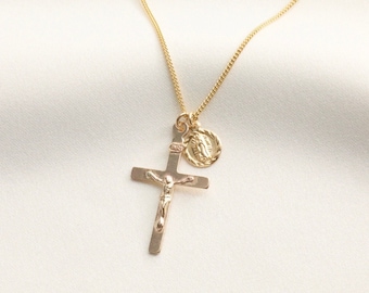 14k Gold Filled Jesus Crucifix Necklace with Guadalupe Charm