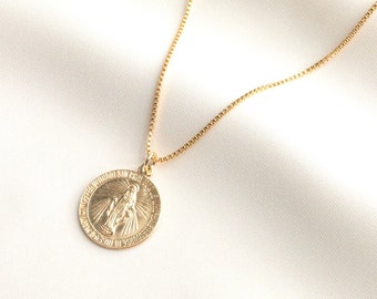 14k Gold Filled Virgin Mary Coin Necklace, Gold Necklace, Miraculous Medal, Gold Coin Necklace, Medallion Necklace, Gift For Her, Catholic