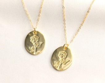 Gold Vermeil Rose Coin Necklace: Dainty Floral Medallion