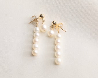 Gold Filled Drop Line Pearl Earrings, Gold Pearl Earrings, Pearl Jewelry, Bridesmaid Earrings, Mother of Pearl, Pearl Earrings, Gift for Her
