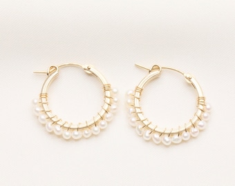 Classic Pearl Hoop Earrings / Pearl Earrings / Flex Hoop Earrings / 14k Gold Filled / Creative Earrings / Bridesmaid Earrings