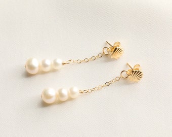 Gold Filled Shell with Pearl Earrings, Pearl Earrings, Drop Earrings, Clam Earrings, Mother of Pearl, Gold Pearl Earrings, Pearl Jewelry