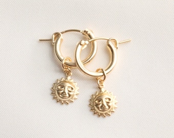 14k Gold Filled Sun Hoop Earrings: Smiling Face Celestial Jewelry