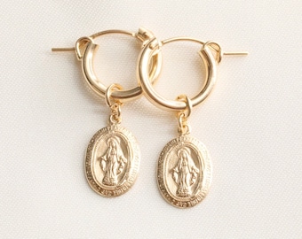 14k Gold Filled Virgin Mary Coin Hoop Earrings