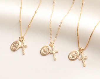 Tiny Virgin Mary With Cross Necklace / Religious Necklace / Gold Necklace with Cross / Catholic  / Virgin Mary / Medallion / 14k Gold Filled