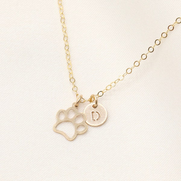 14k Gold Filled Paw with Initial Necklace, Dog Necklace, Initial Necklace Pet Lover, Letter Necklace,  Dog Lover, Paw Charm, Animal Lover