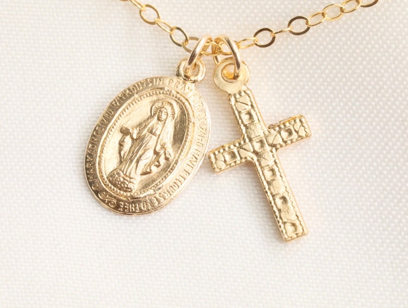 Tiny Virgin Mary With Cross Necklace / Religious Necklace / Gold Necklace with Cross / Catholic / Virgin Mary / Medallion / 14k Gold Filled image 7