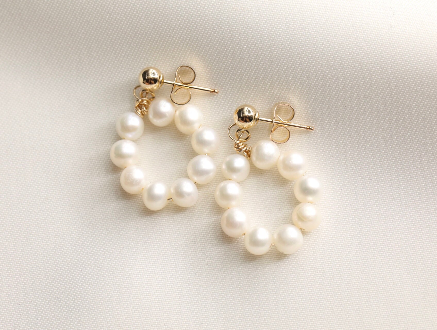 Gold Filled Pearl Hoop Earrings, Wire Wrapped, Gold Pearl Earrings, Bridesmaid Earrings, Mother of Pearl, Pearl Earrings, Gift for Her