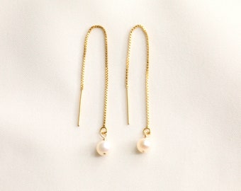 Gold Filled Pearl Threader Earrings: Delicate Chain, Minimalist Style