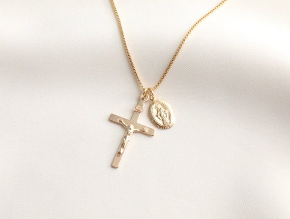 14k Gold Filled Necklace, Crucifix Necklace, Virgin Mary Necklace
