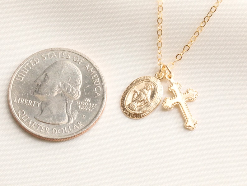 Gold Filled Tiny Virgin Mary With Coptic Cross Necklace Etsy